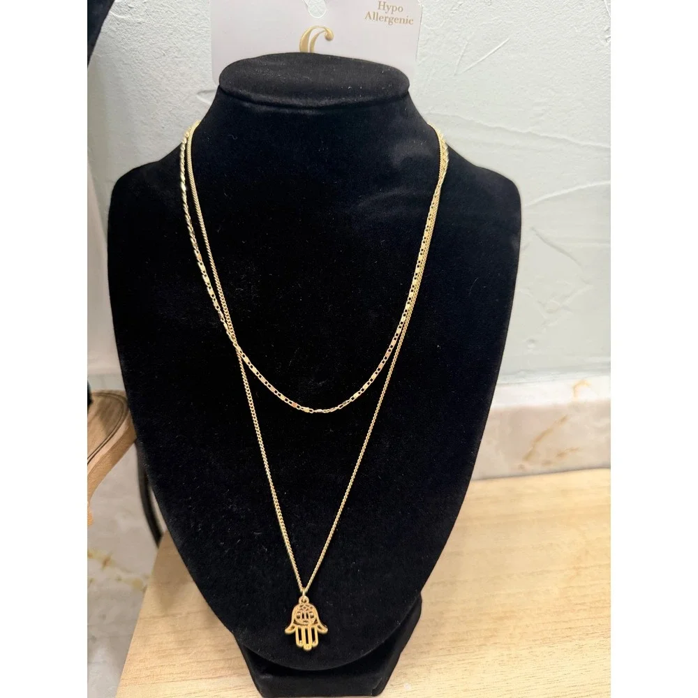 Layered Gold Tone Necklaces Celestial Moon Star Hamsa Hand‎ Hypoallergenic Set